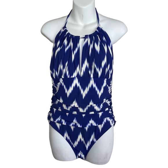 La Blanca Night Waves High-Neck Halter‎ Mio One Piece Swimsuit  Blue Size 10 - Picture 1 of 9